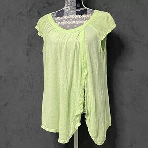 Free People Swing Tee Lime Green Linen blend Split Side Cap Sleeve Womens XS Top